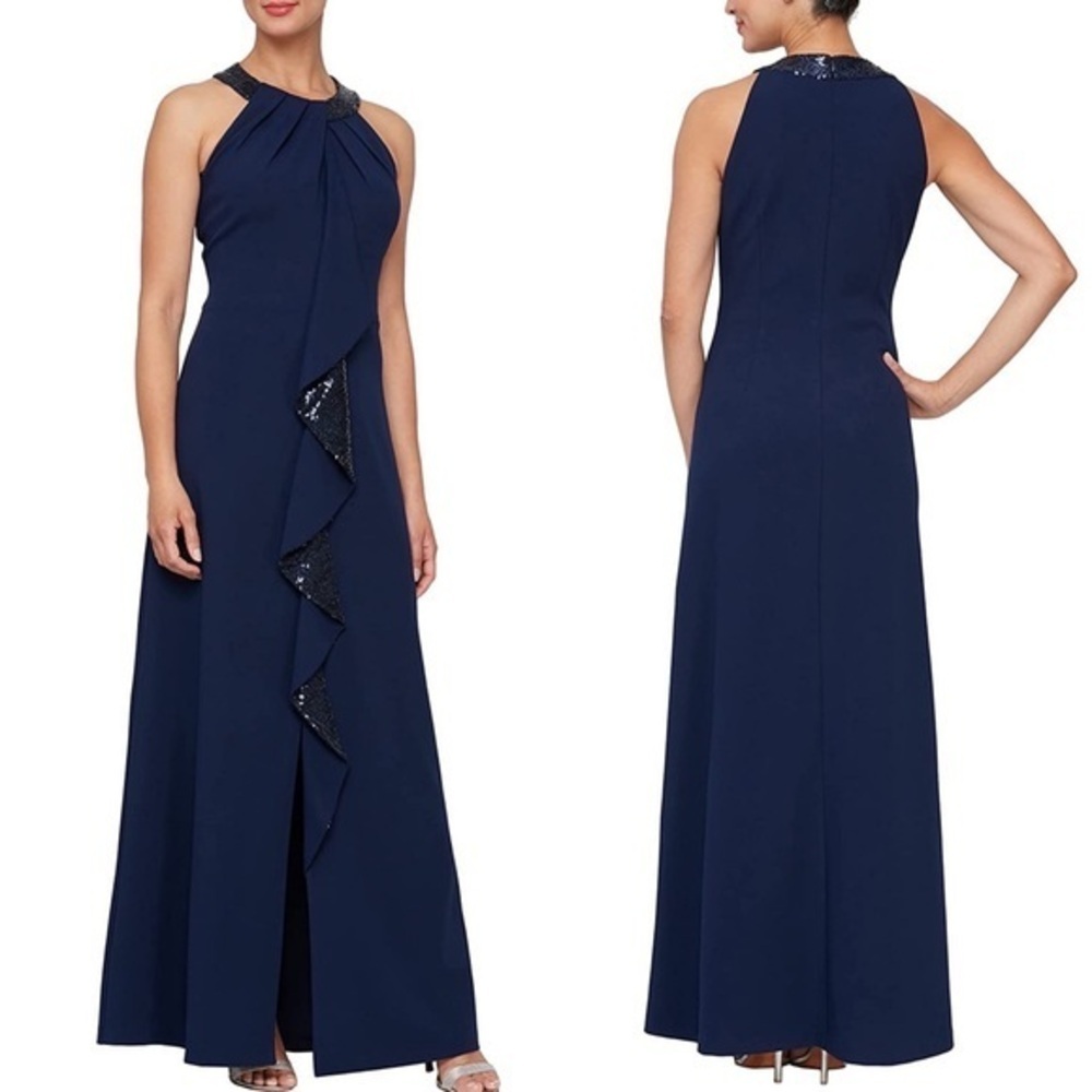 NWT SLNY Navy Jewel Neck Drape Sequin Sleeveless Dress, Navy